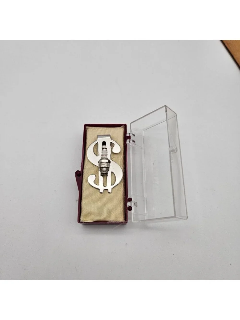 Vintage Dollar Sign $ Champion Spark Plug Silver Tone Money Clip in Box NOS